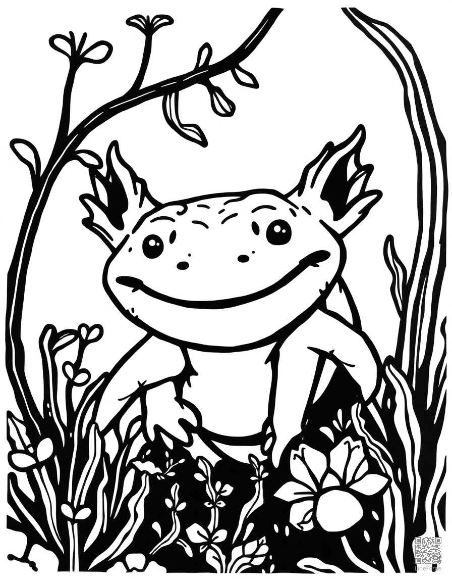 axolotl smiling in an underwater garden coloring page Woodcut style - free printable