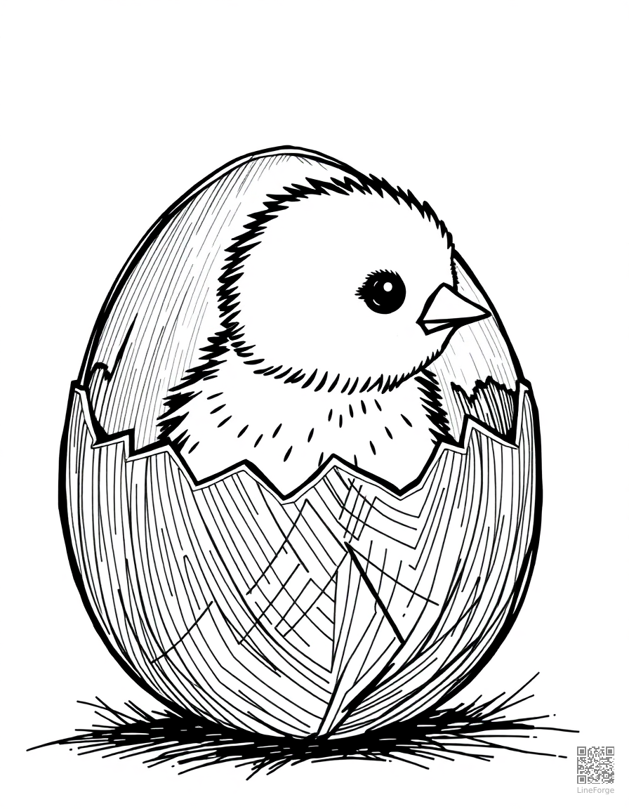 baby chick hatching from a colorful egg coloring page Crosshatch style - free printable