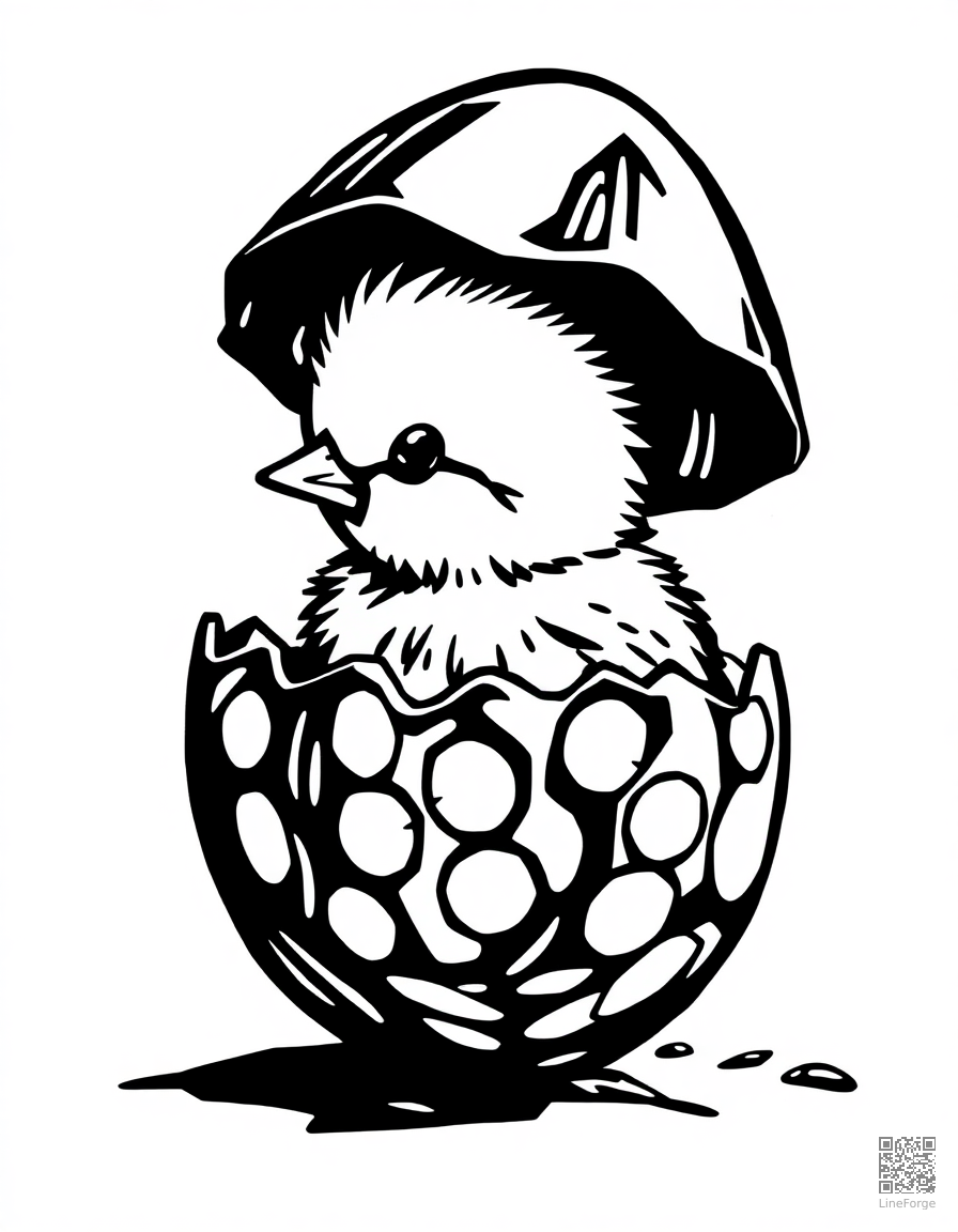baby chick hatching from a colorful egg coloring page Woodcut style - free printable