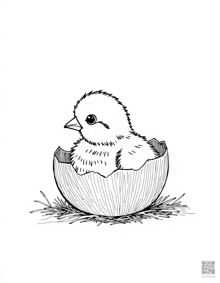 Baby chick hatching from an egg coloring page Crosshatch style - free printable
