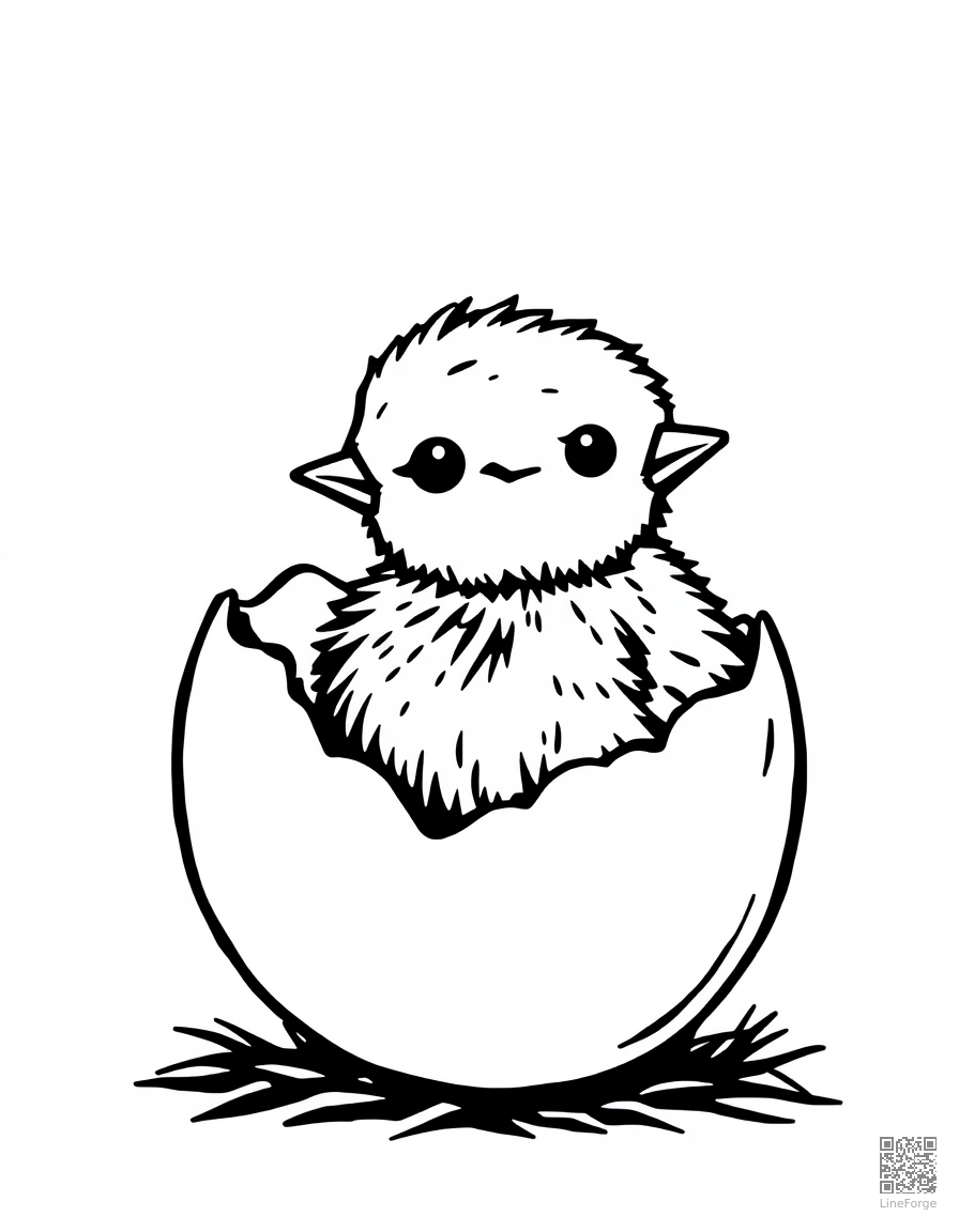 Baby chick hatching from an egg coloring page Woodcut style - free printable