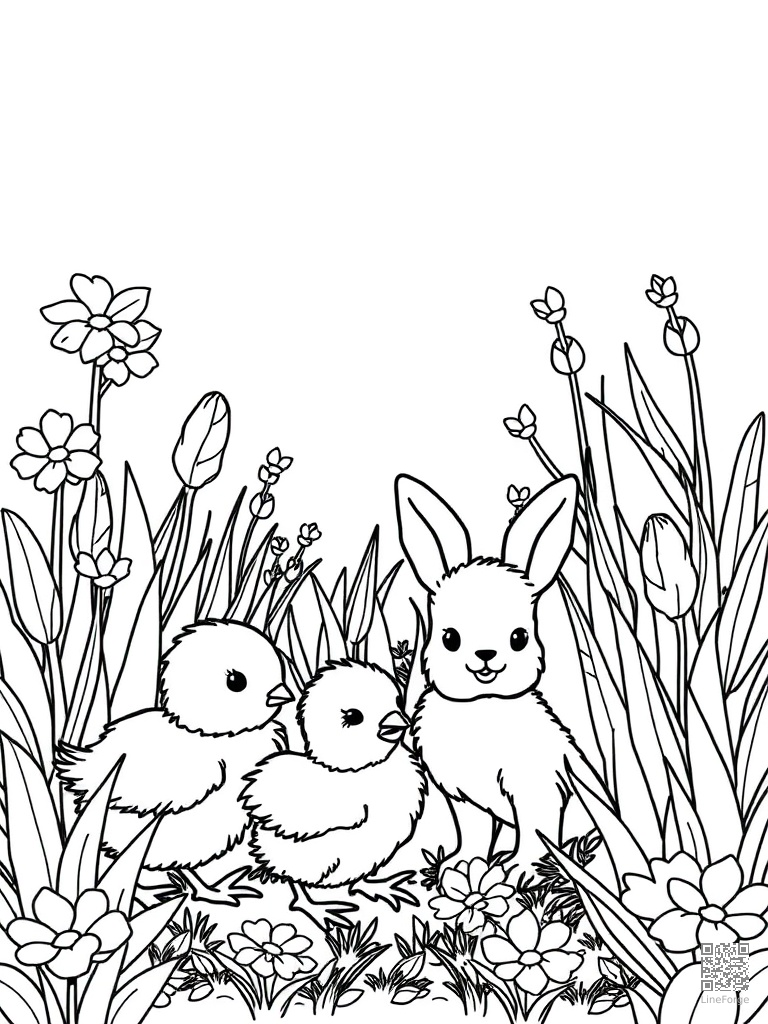 Baby chicks lambs and bunnies in a spring garden coloring page Contour style - free printable