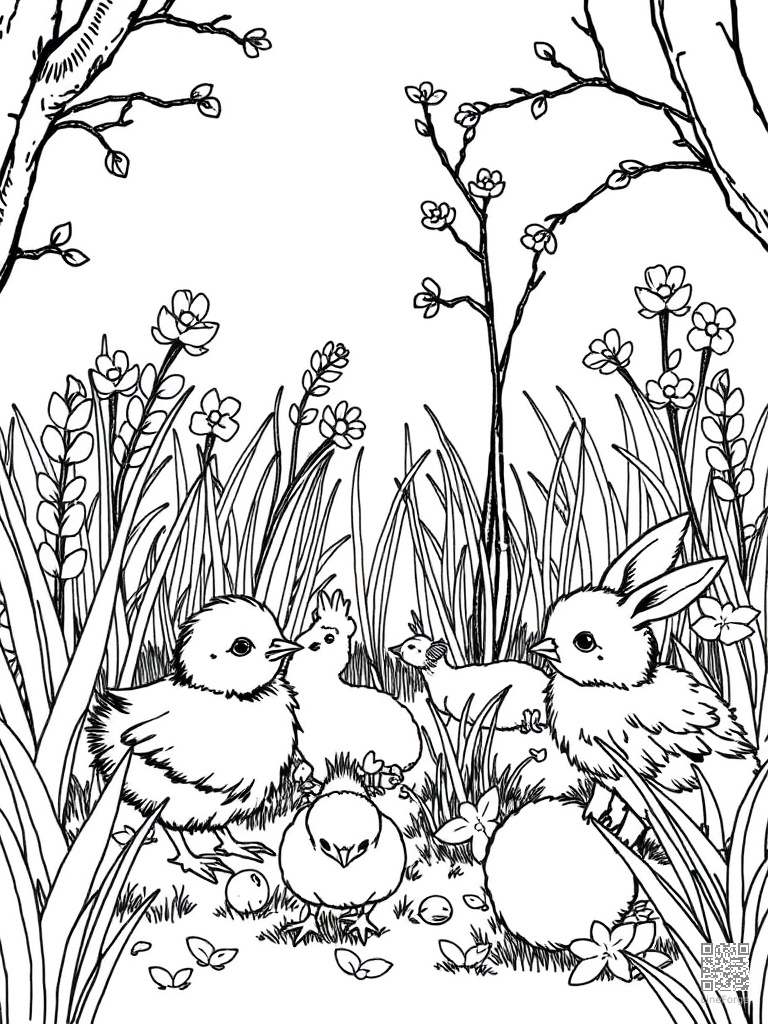 Baby chicks lambs and bunnies in a spring garden coloring page Crosshatch style - free printable