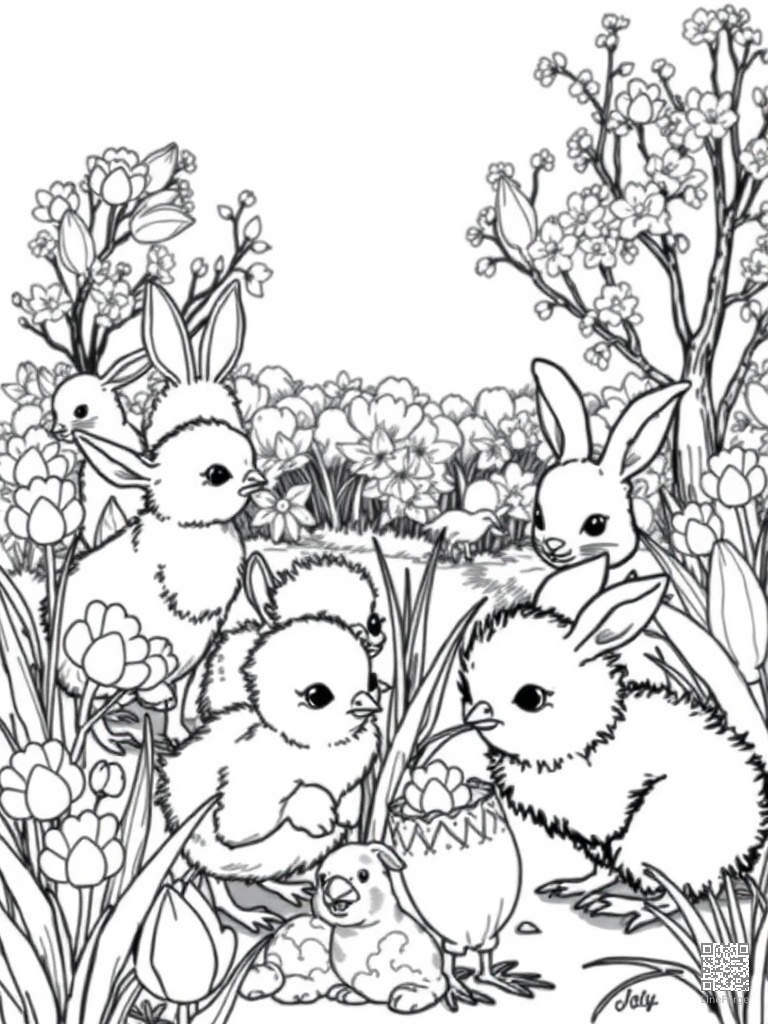 Baby chicks lambs and bunnies in a spring garden coloring page Manga style - free printable