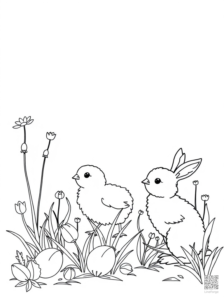 Baby chicks lambs and bunnies in a spring garden coloring page Minimal style - free printable