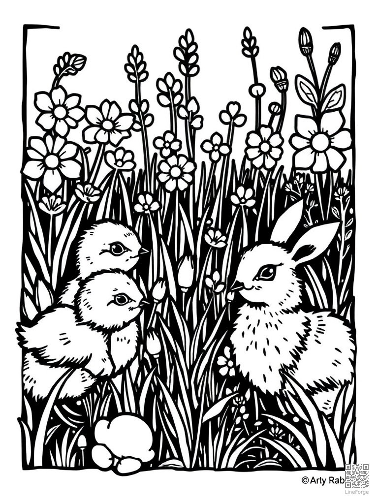 Baby chicks lambs and bunnies in a spring garden coloring page Woodcut style - free printable