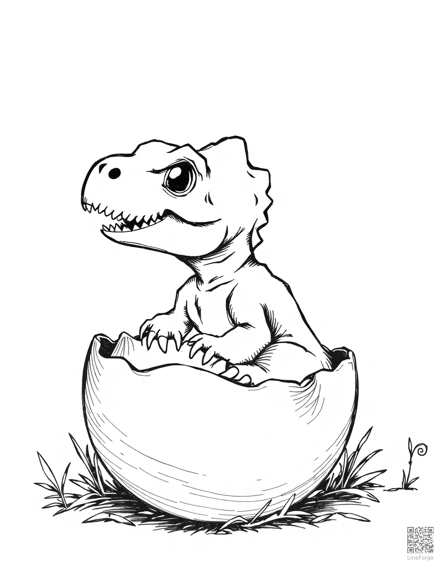 Baby dinosaur hatching from an egg coloring page Crosshatch style - free printable