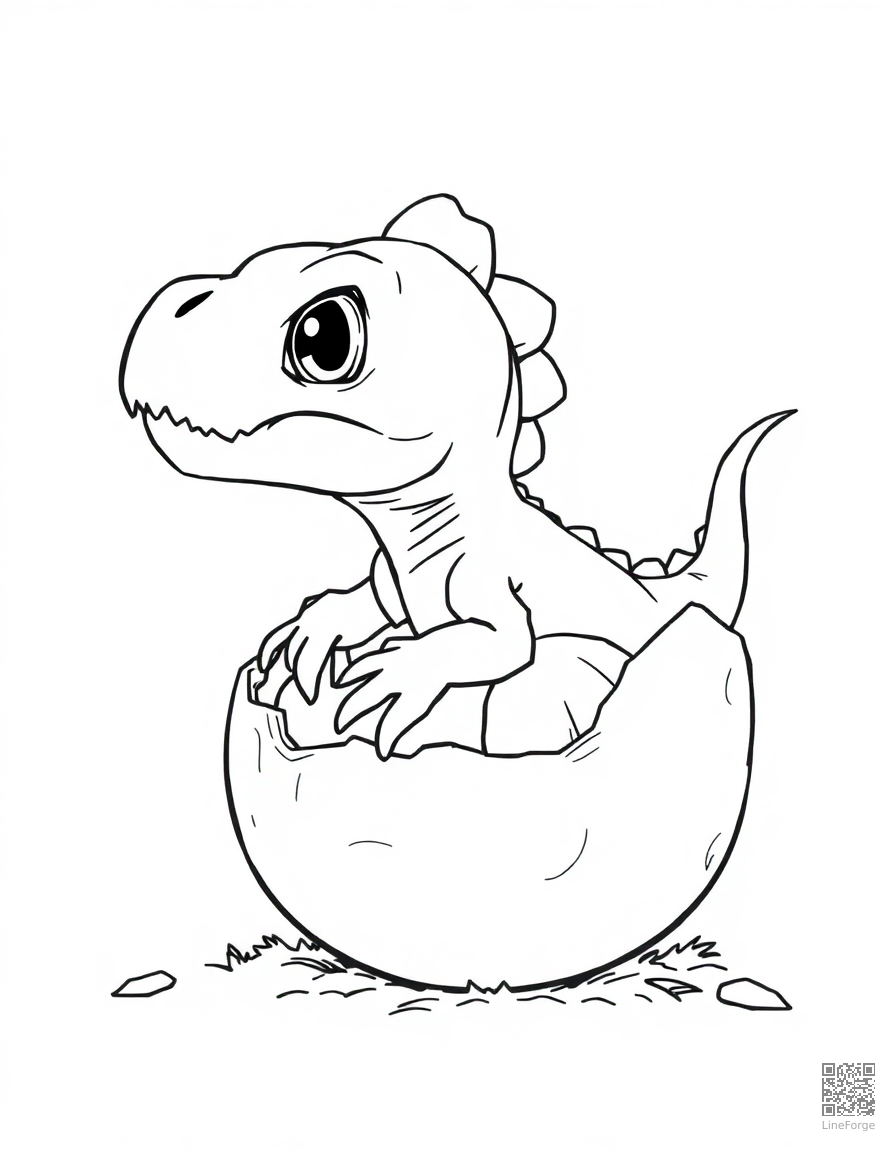 Baby dinosaur hatching from an egg coloring page Manga style - free printable