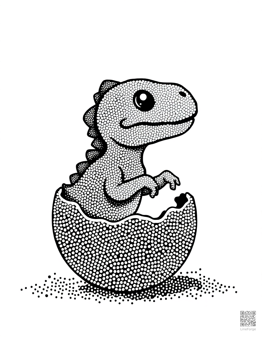 Baby dinosaur hatching from an egg coloring page Stipple style - free printable