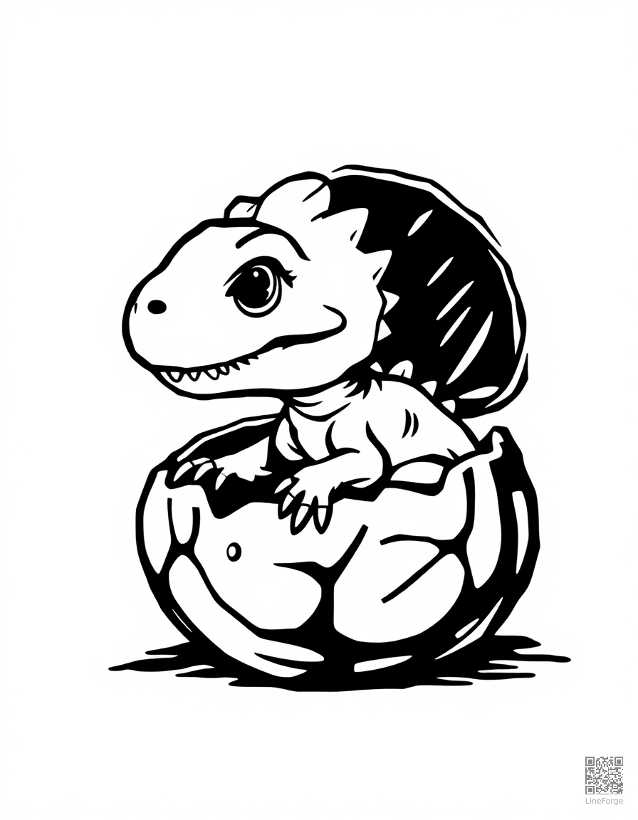 Baby dinosaur hatching from an egg coloring page Woodcut style - free printable