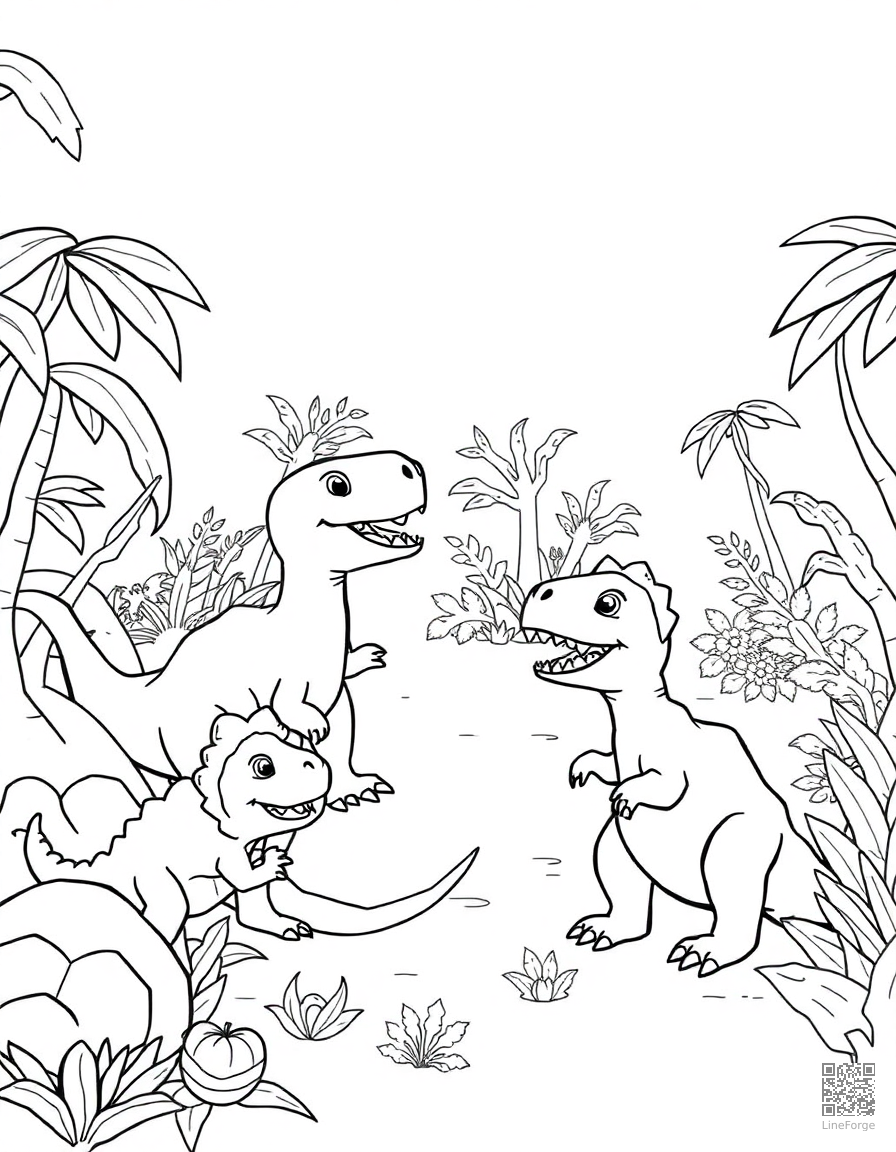 baby dinosaurs playing in a prehistoric nursery coloring page Contour style free printable