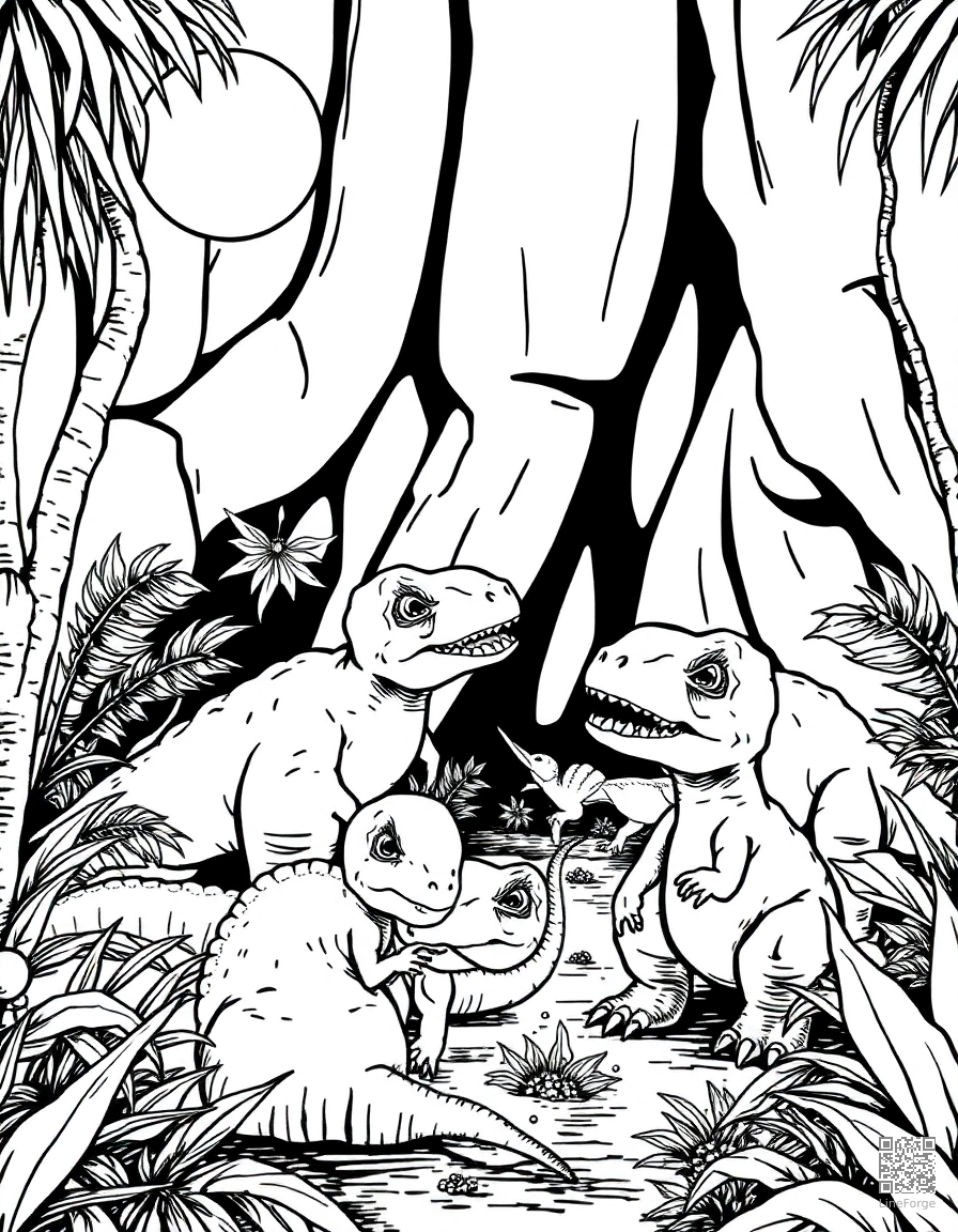 baby dinosaurs playing in a prehistoric nursery coloring page Crosshatch style - free printable