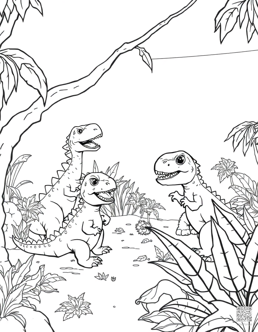 baby dinosaurs playing in a prehistoric nursery coloring page Manga style free printable
