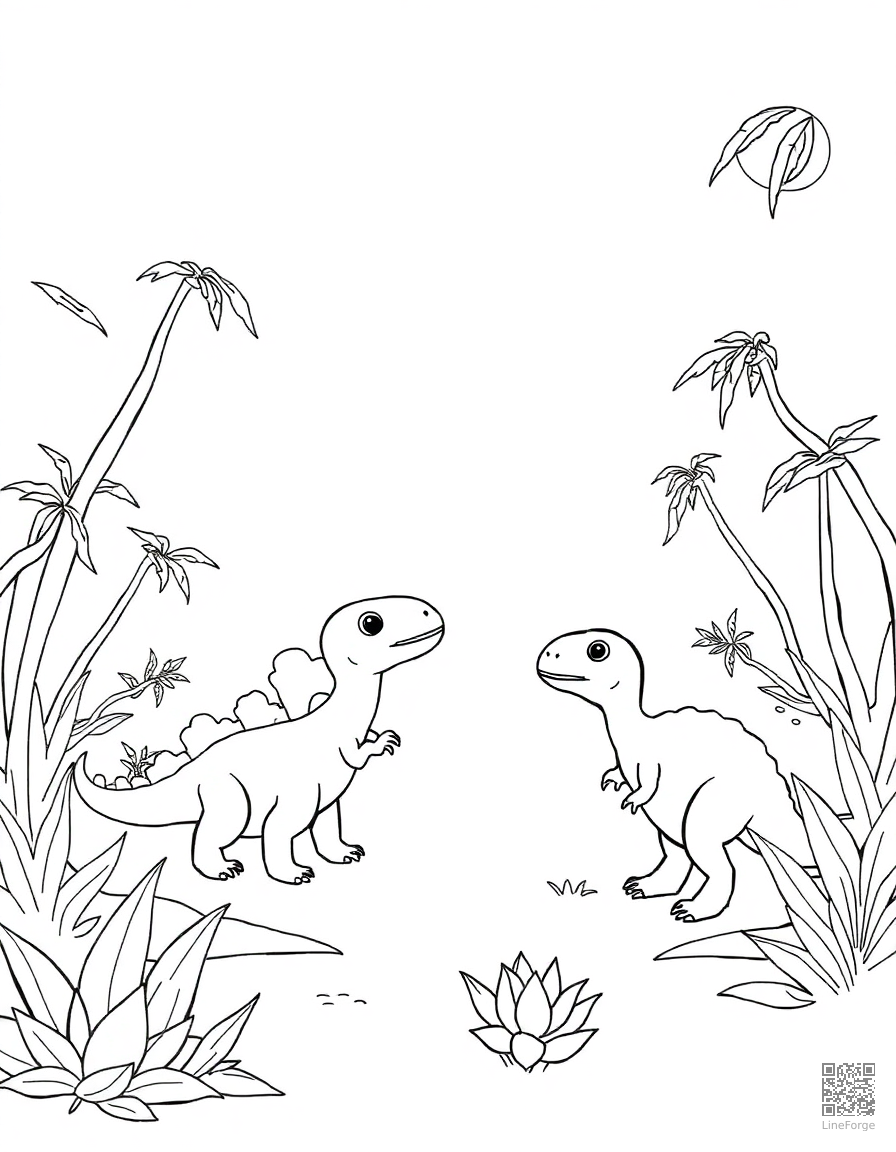baby dinosaurs playing in a prehistoric nursery coloring page Minimal style - free printable