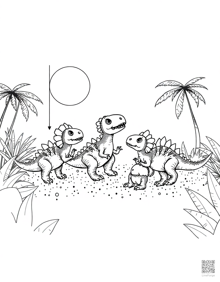 baby dinosaurs playing in a prehistoric nursery coloring page Stipple style - free printable