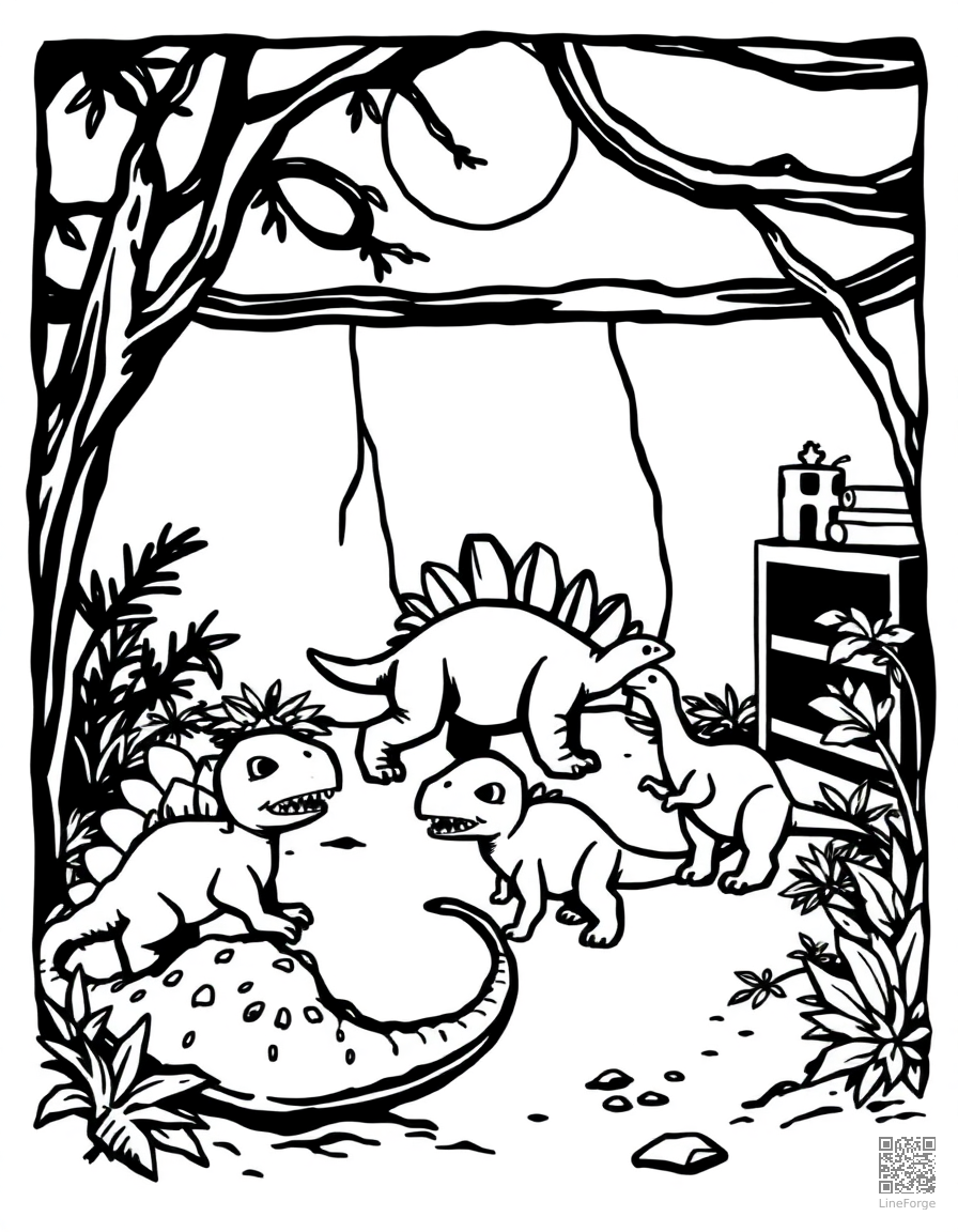 baby dinosaurs playing in a prehistoric nursery coloring page Woodcut style free printable