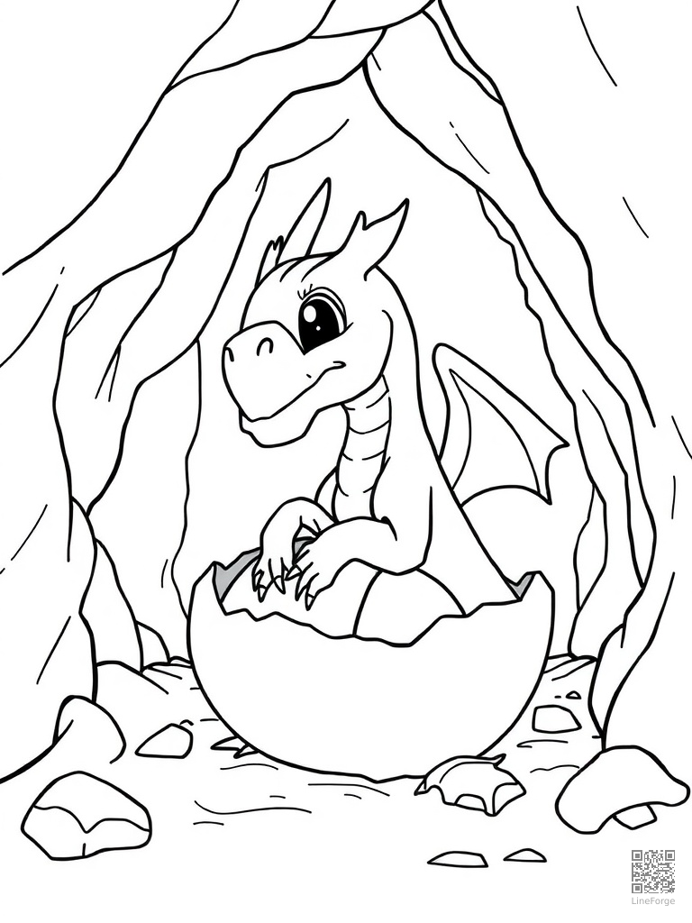 Baby dragon hatching from egg in a cave coloring page Contour style - free printable