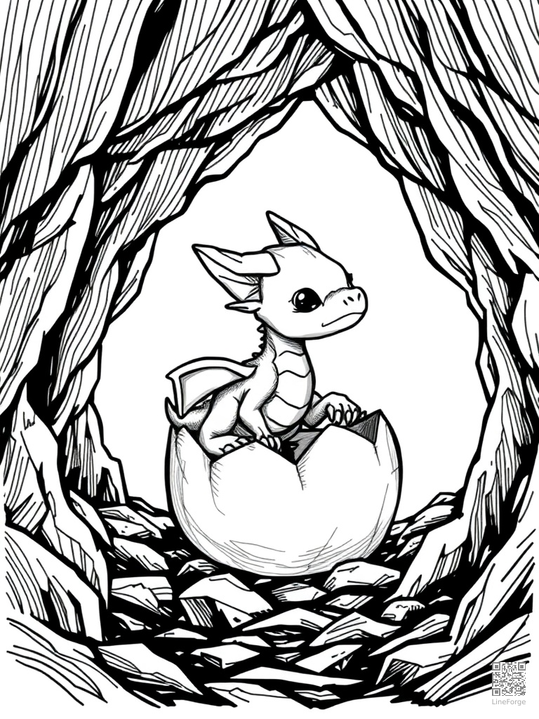Baby dragon hatching from egg in a cave coloring page Crosshatch style - free printable