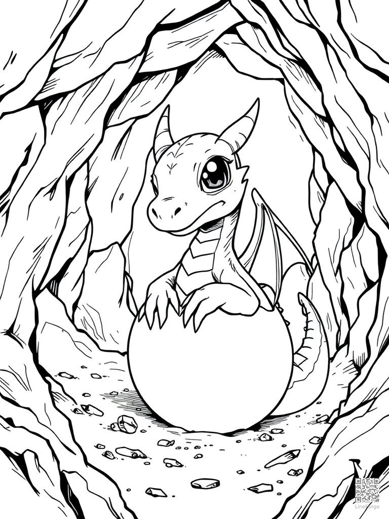 Baby dragon hatching from egg in a cave coloring page Manga style - free printable