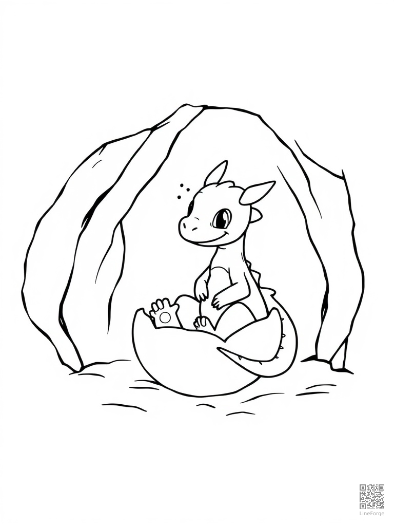 Baby dragon hatching from egg in a cave coloring page Minimal style - free printable