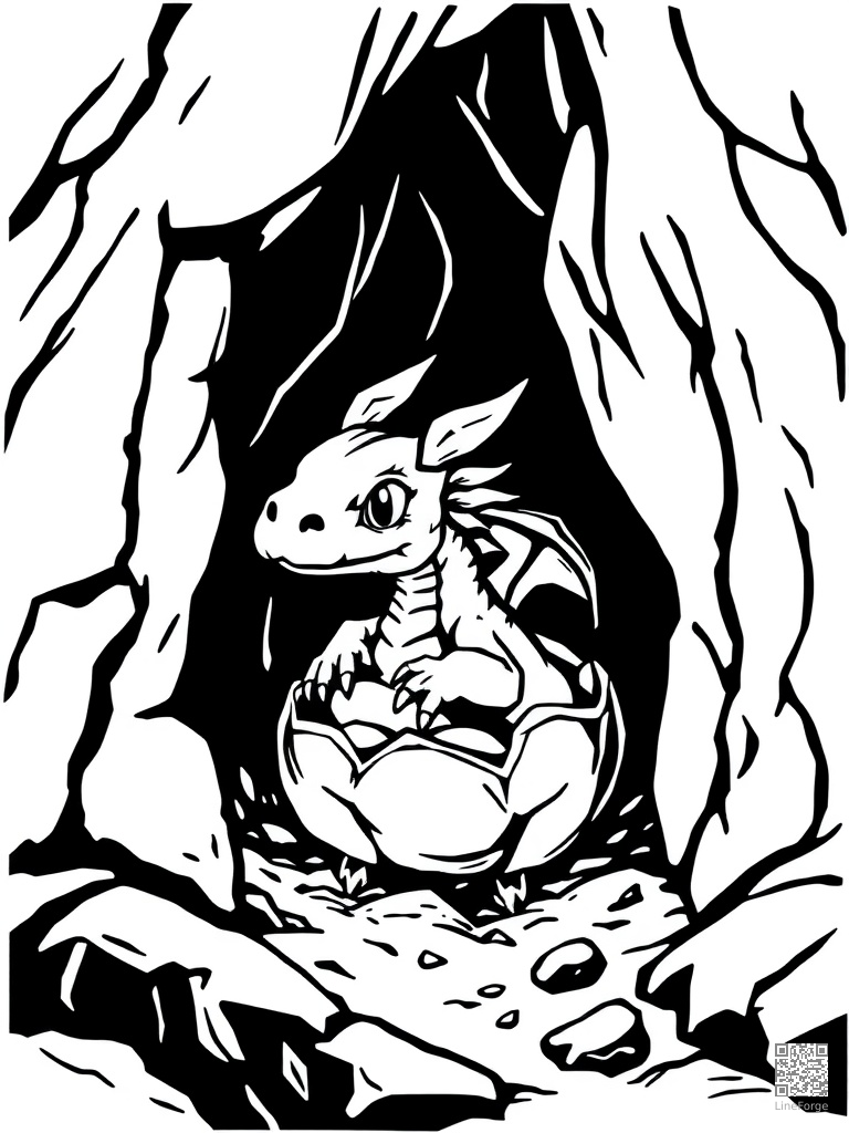 Baby dragon hatching from egg in a cave coloring page Woodcut style - free printable