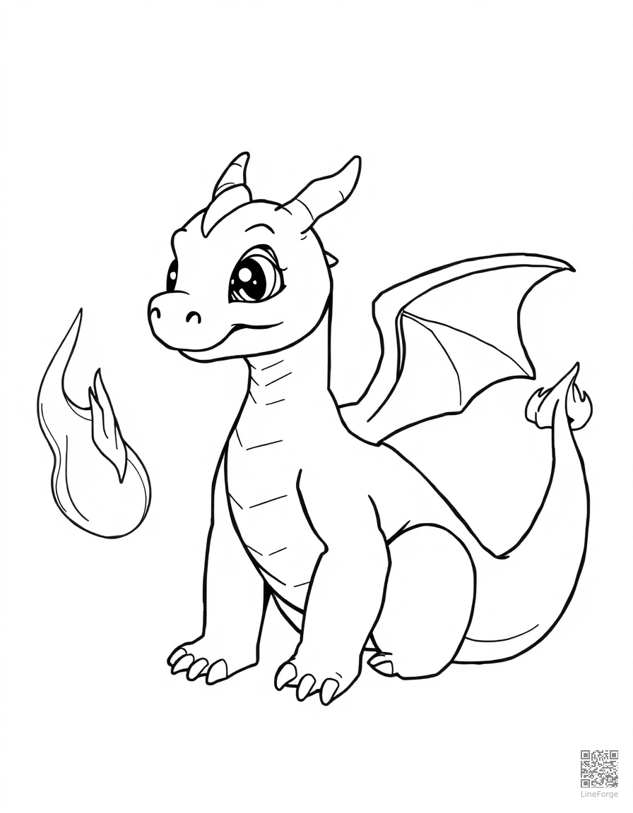 baby dragon learning to breathe fire coloring page Contour style - free printable