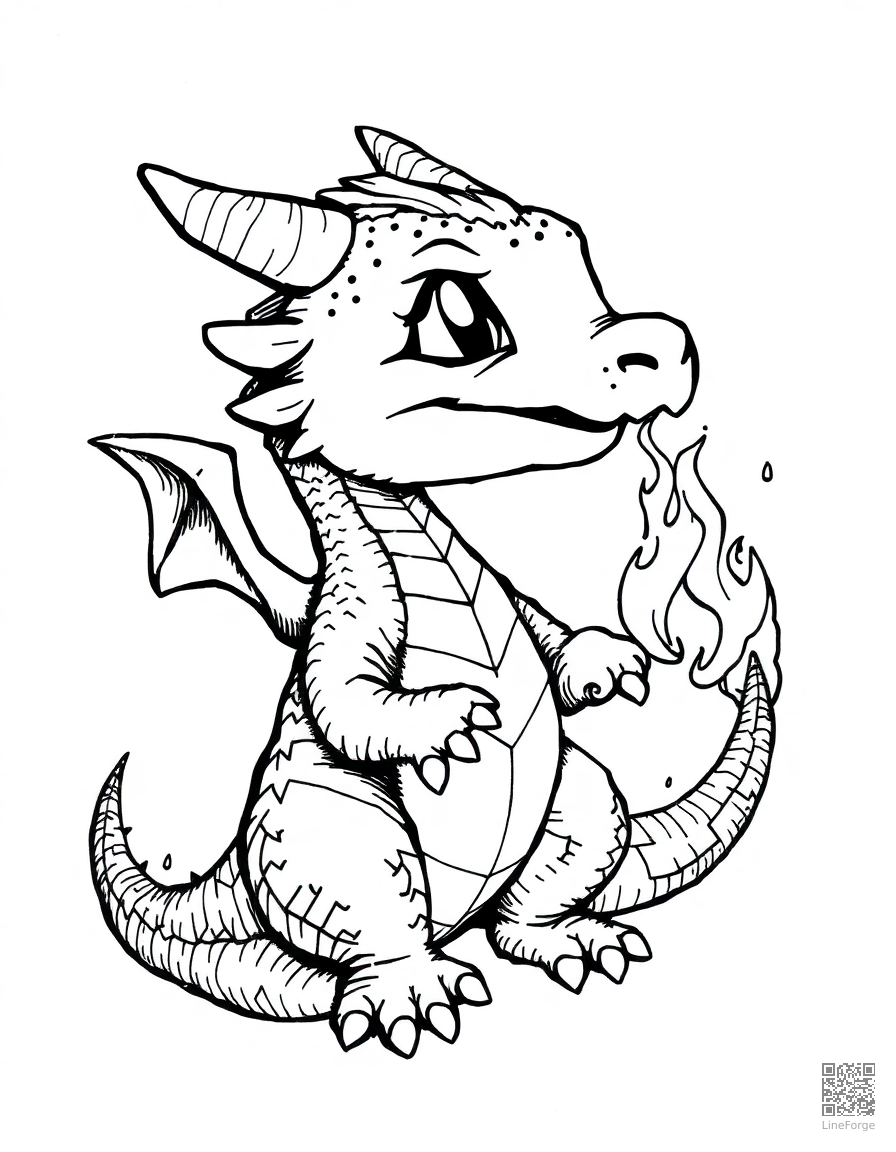 baby dragon learning to breathe fire coloring page Crosshatch style - free printable