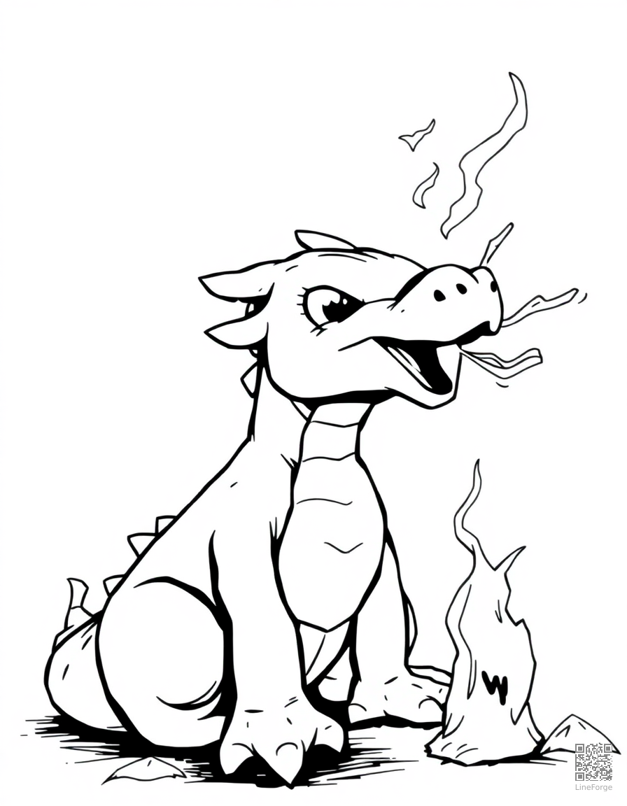 baby dragon learning to breathe fire coloring page Manga style - free printable