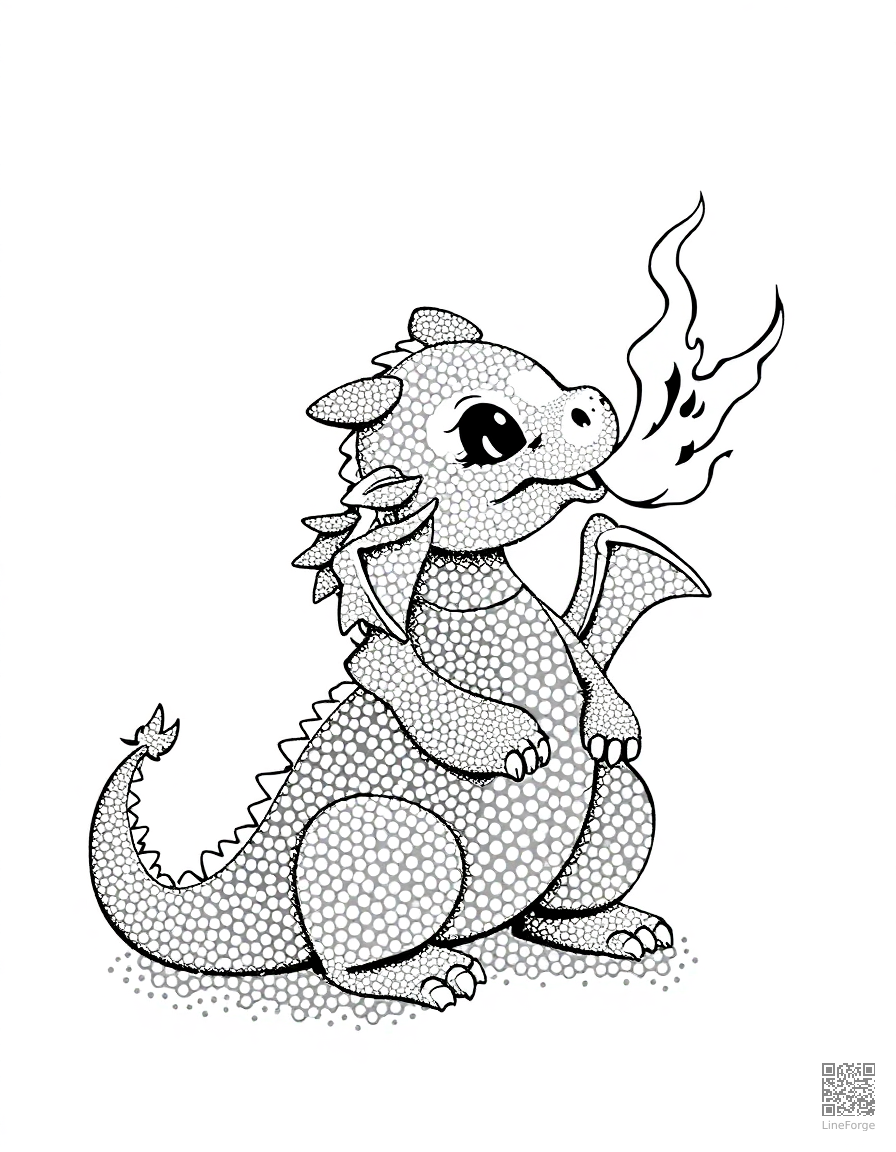 baby dragon learning to breathe fire coloring page Stipple style - free printable