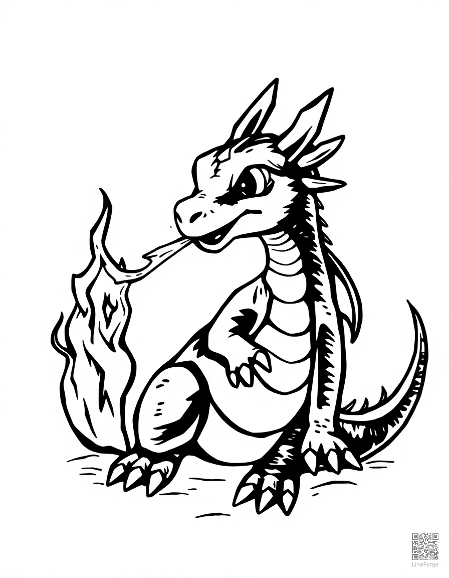 baby dragon learning to breathe fire coloring page Woodcut style - free printable
