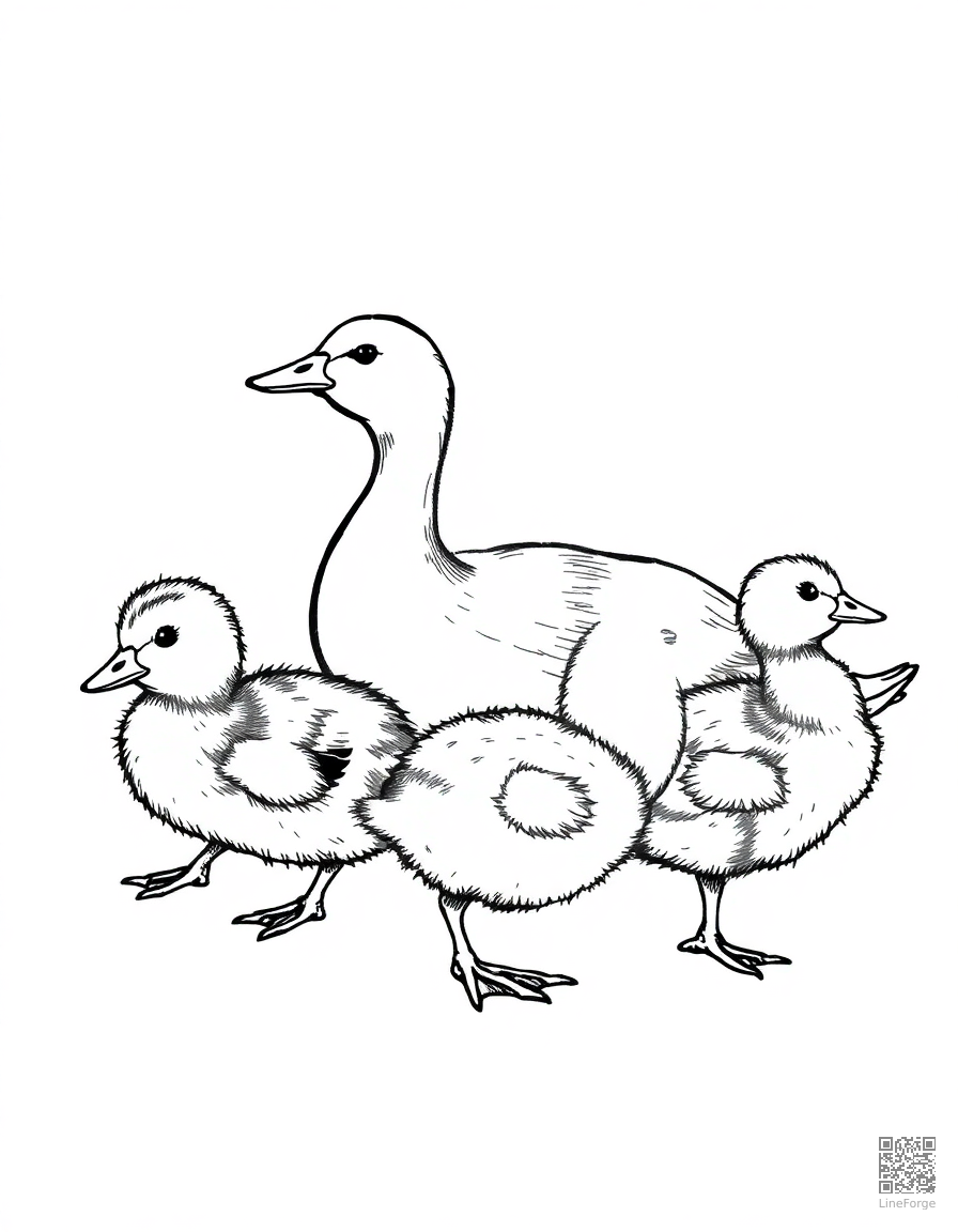 baby ducks following their mother coloring page Crosshatch style - free printable