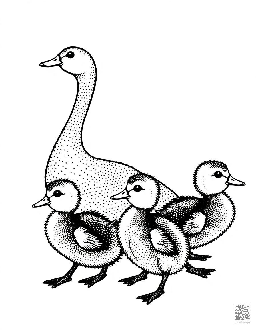 baby ducks following their mother coloring page Stipple style - free printable