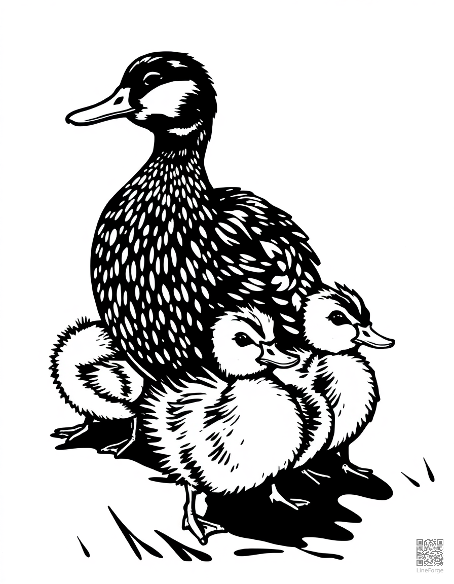 baby ducks following their mother coloring page Woodcut style - free printable