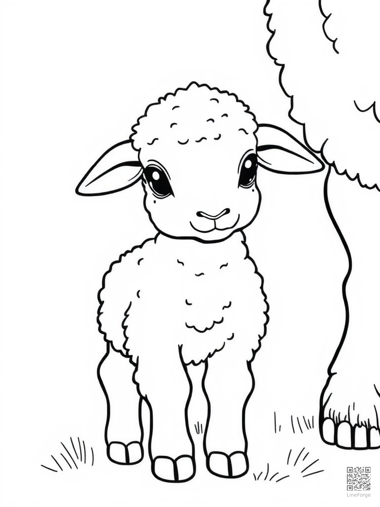 Baby lamb standing next to its mother coloring page Contour style - free printable