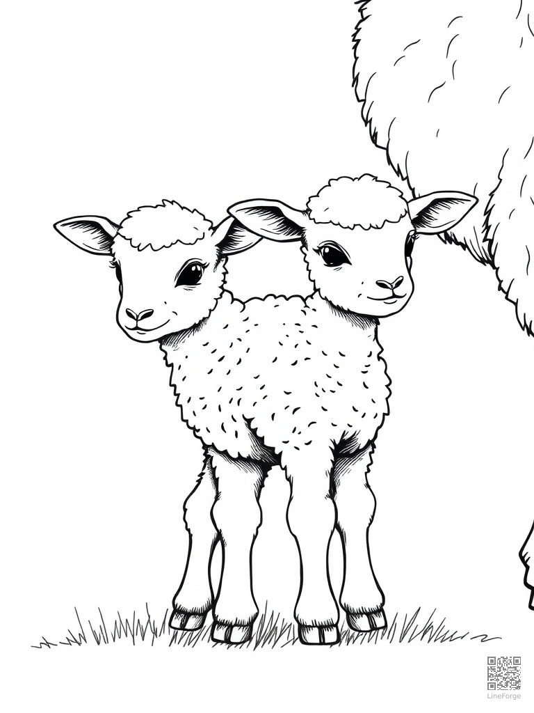 Baby lamb standing next to its mother coloring page Crosshatch style - free printable