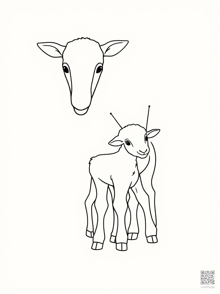 Baby lamb standing next to its mother coloring page Minimal style - free printable