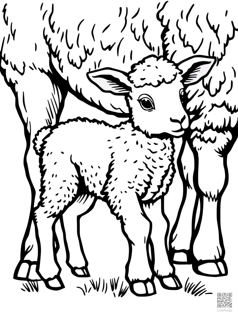 Baby lamb standing next to its mother coloring page Woodcut style - free printable
