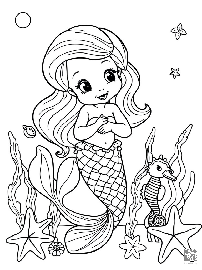 Baby mermaid playing with seahorses and starfish coloring page Contour style - free printable