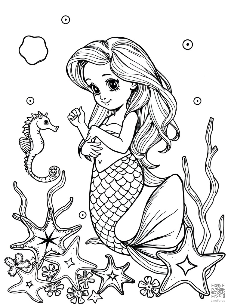 Baby mermaid playing with seahorses and starfish coloring page Crosshatch style - free printable