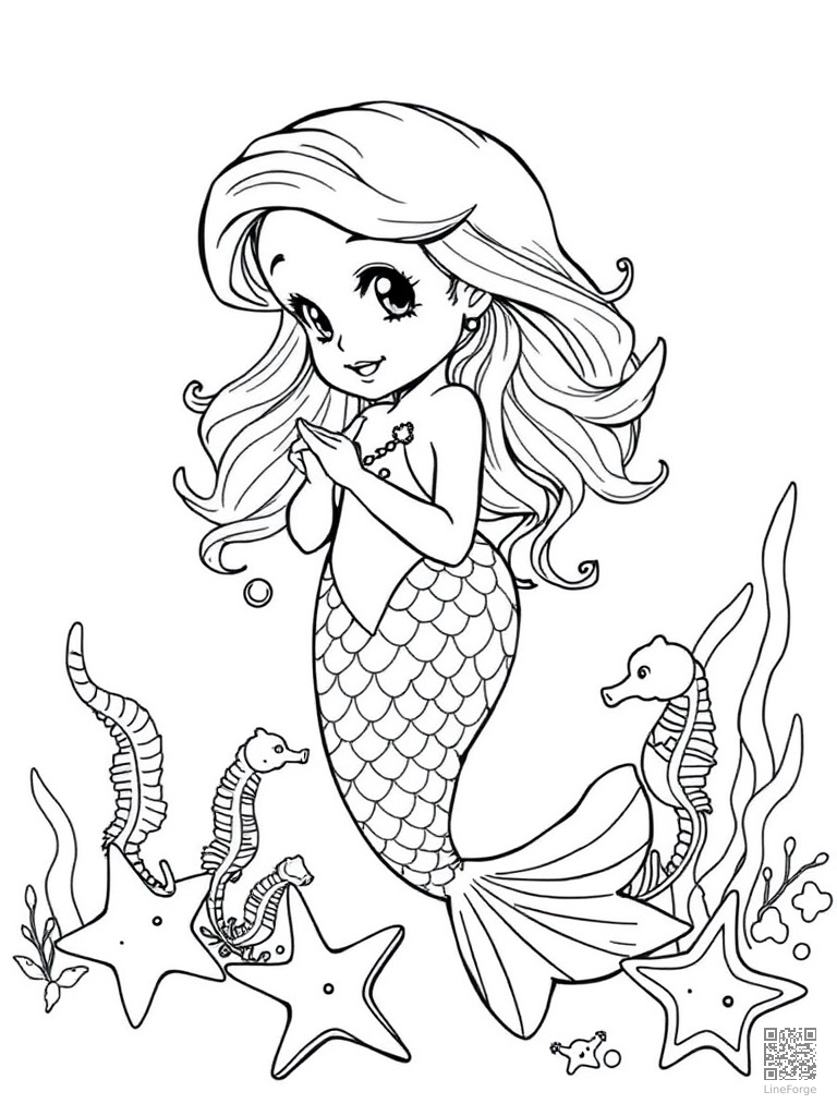 Baby mermaid playing with seahorses and starfish coloring page Manga style - free printable