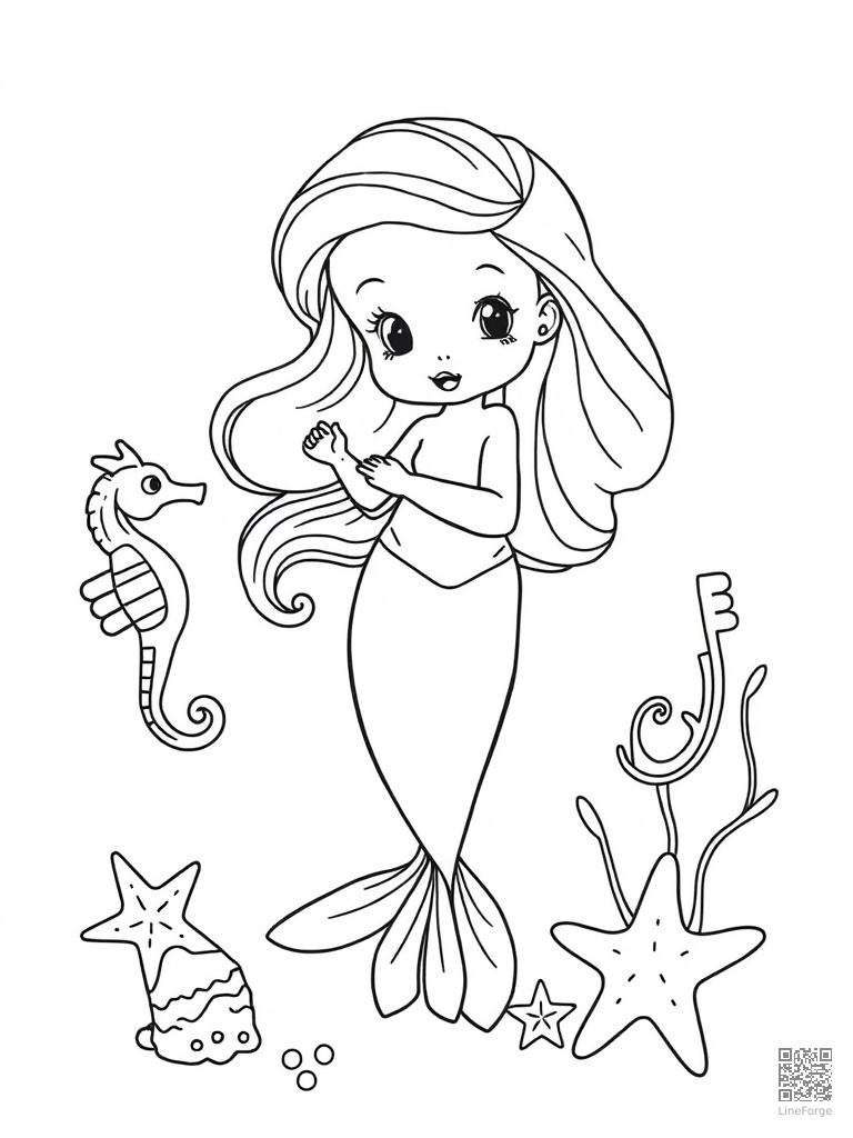 Baby mermaid playing with seahorses and starfish coloring page Minimal style - free printable