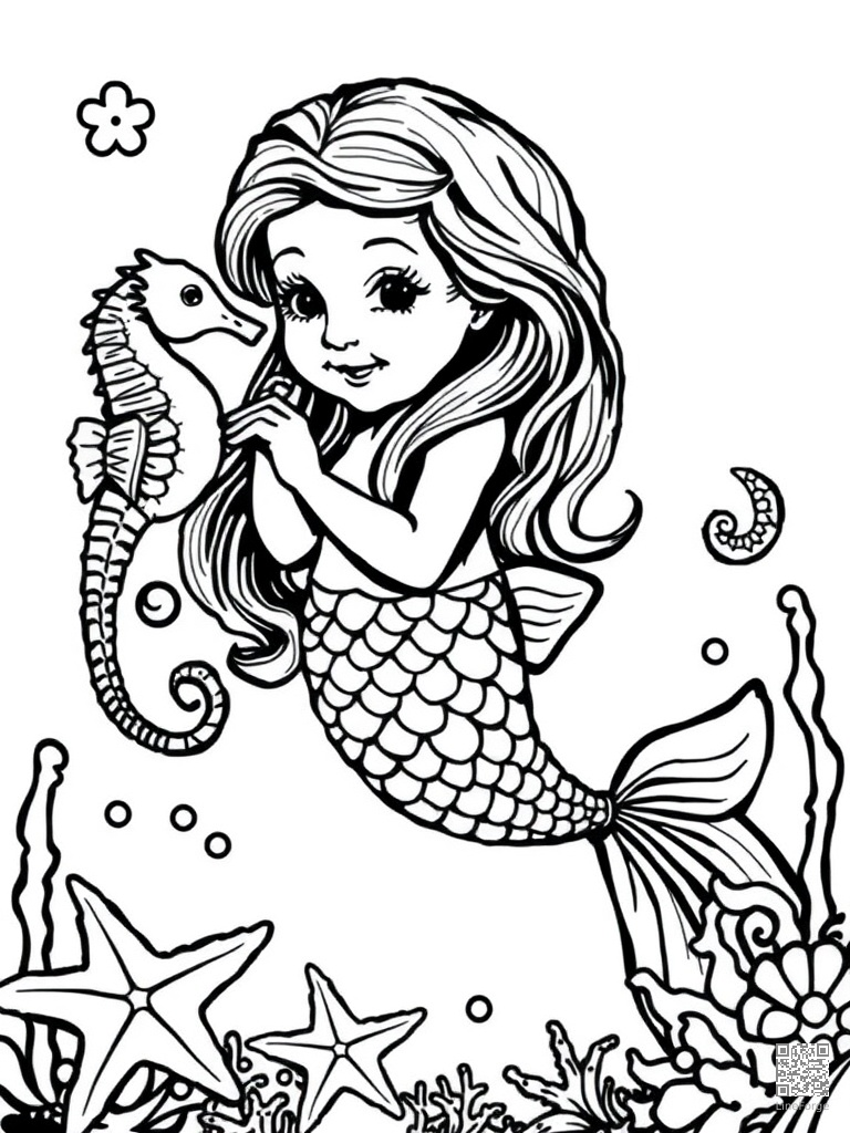 Baby mermaid playing with seahorses and starfish coloring page Woodcut style - free printable