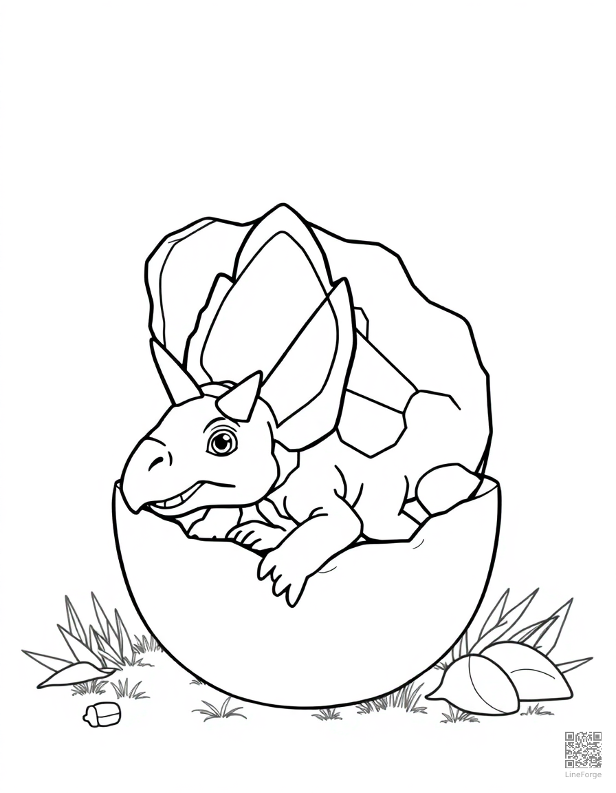 baby triceratops hatching from a giant egg coloring page Contour style - free printable