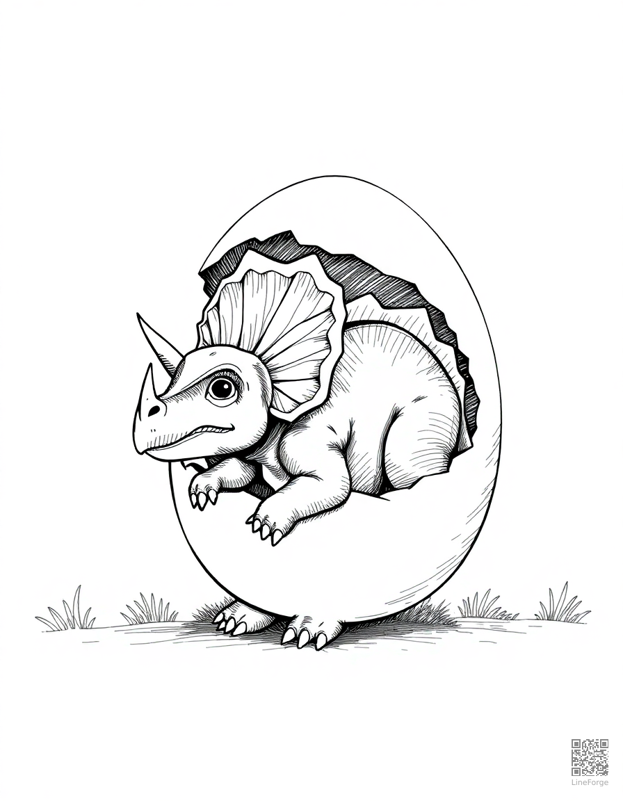 baby triceratops hatching from a giant egg coloring page Crosshatch style - free printable