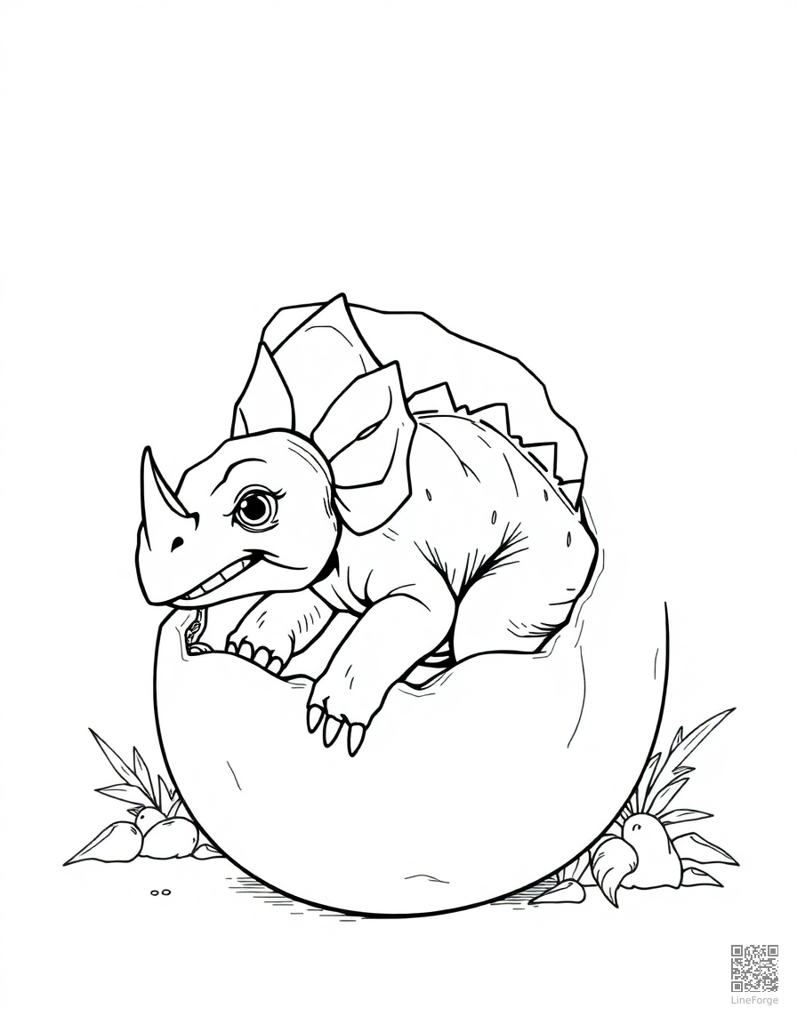 baby triceratops hatching from a giant egg coloring page Manga style - free printable