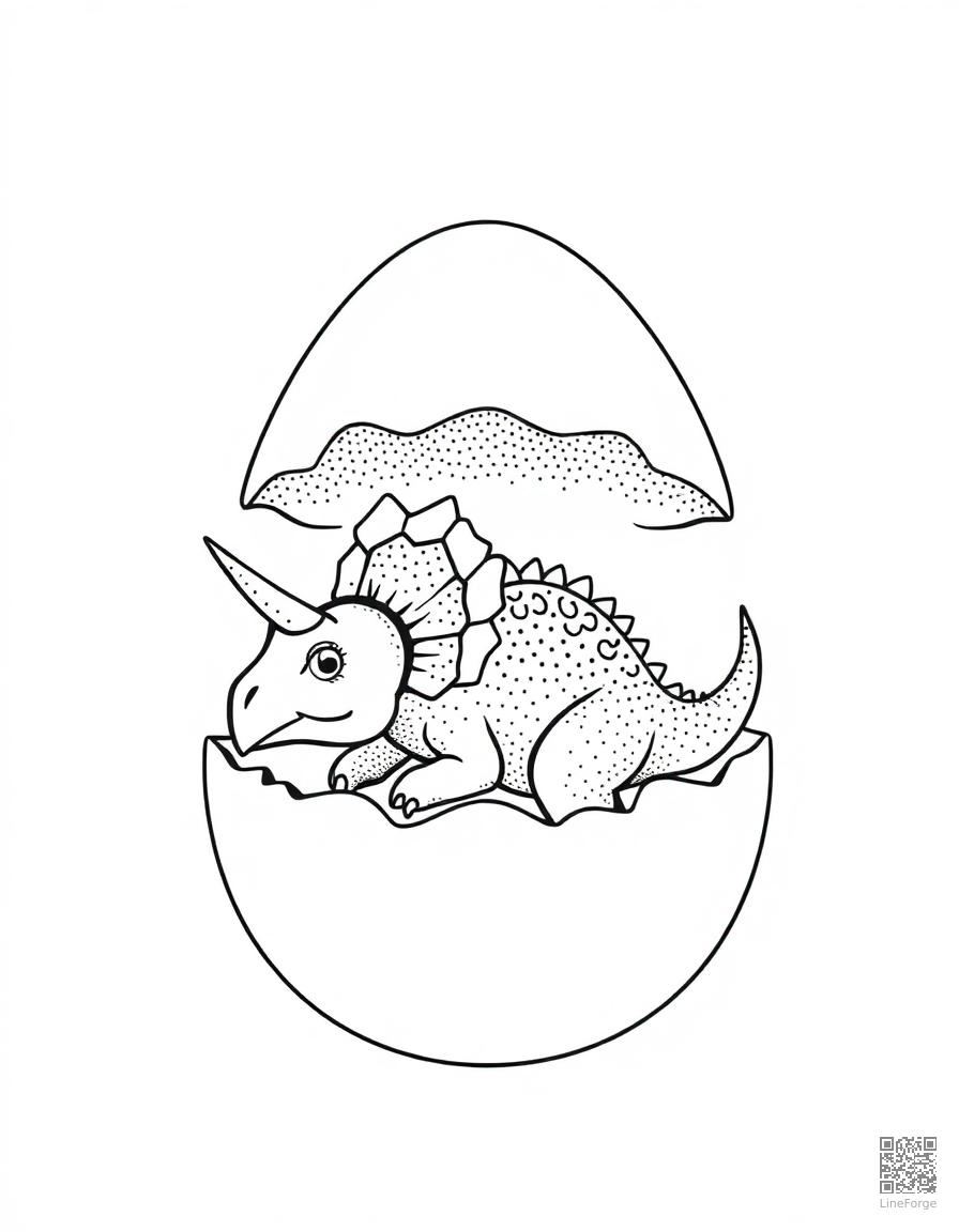 baby triceratops hatching from a giant egg coloring page Stipple style - free printable