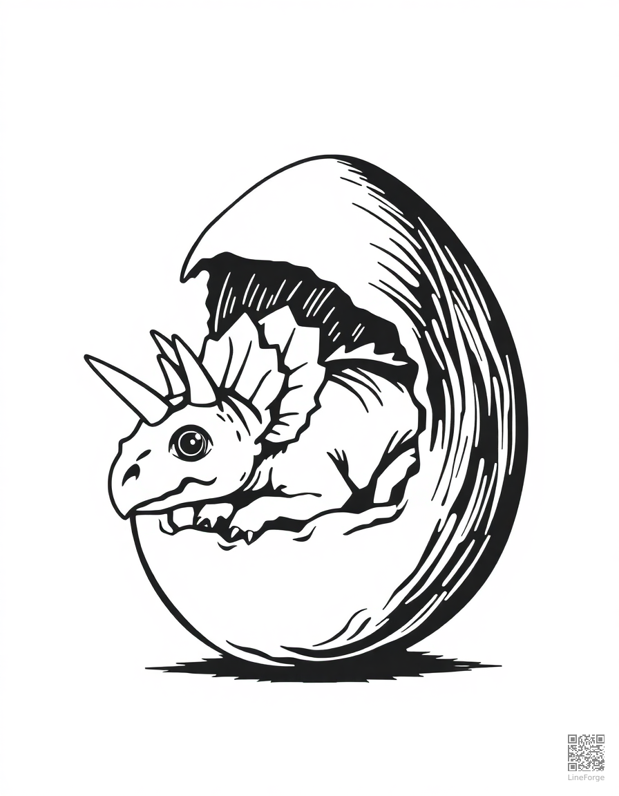baby triceratops hatching from a giant egg coloring page Woodcut style - free printable