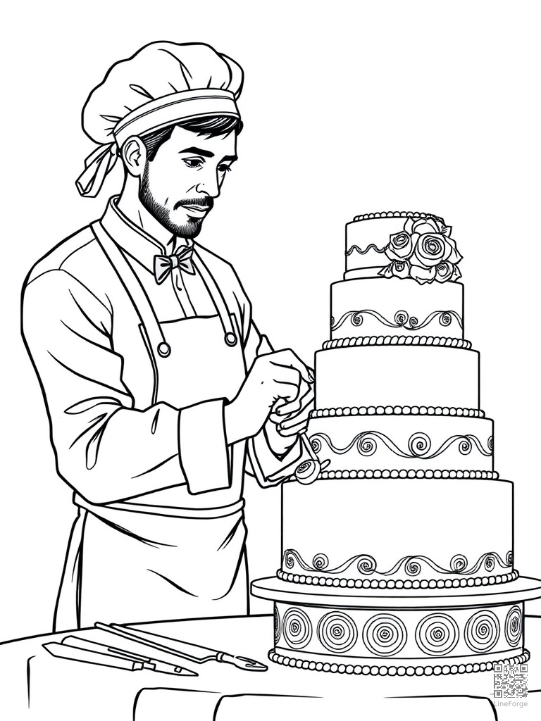 Baker decorating a multi-tier wedding cake coloring page Contour style - free printable