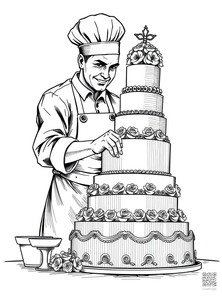 Baker decorating a multi-tier wedding cake coloring page Crosshatch style - free printable