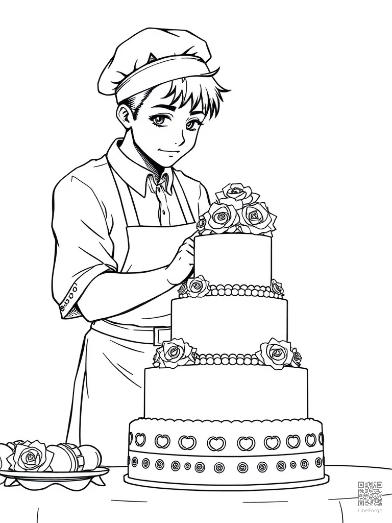 Baker decorating a multi-tier wedding cake coloring page Manga style - free printable